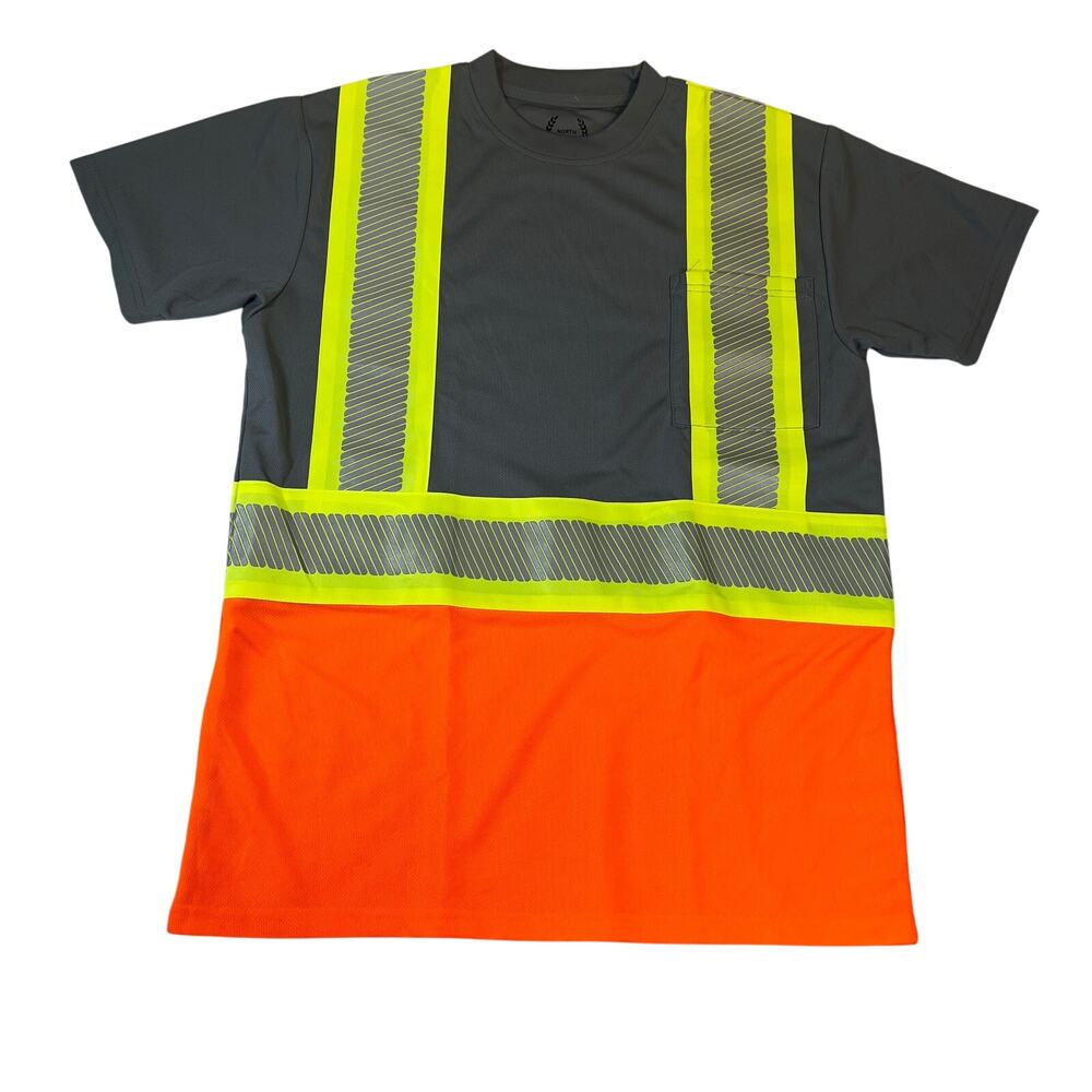 North 15 Hi Visibility Safety Shirt Men Med Grey Orange Moisture Wicking Safety